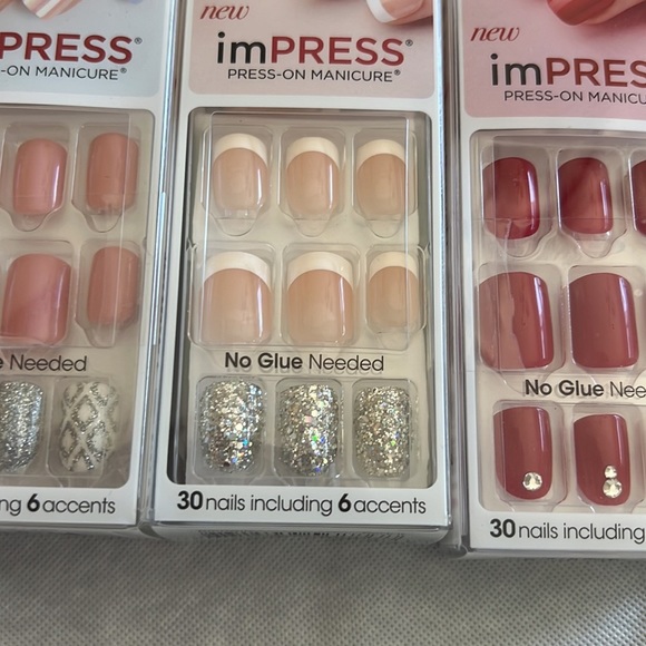 Impress press on nails French manicure, red rhinestone silver glitter - Picture 3 of 4